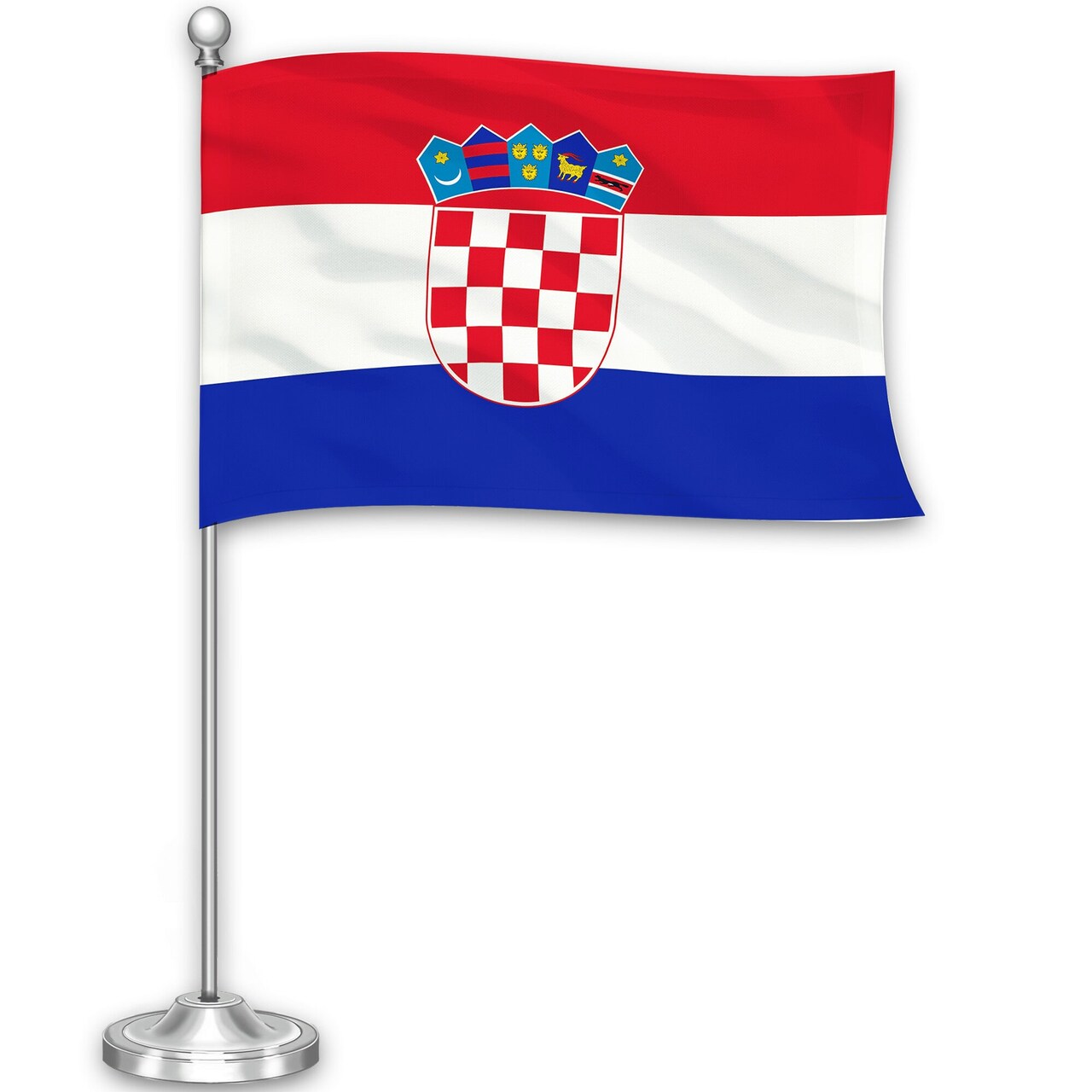G128 Croatia Croatian Deluxe Desk Flag Set | 8.5x5.5 In | Printed 300D Polyester, with Silver Dome and Base, 15" Metal Pole, Decorations For Office, Home and Festival Events Celebration